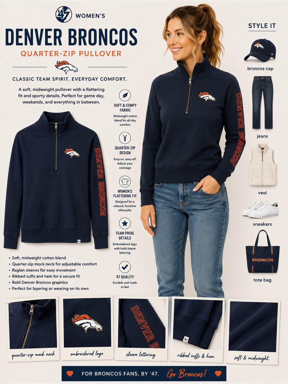 47 Womens Navy Denver Broncos Quarter-Zip Pullover